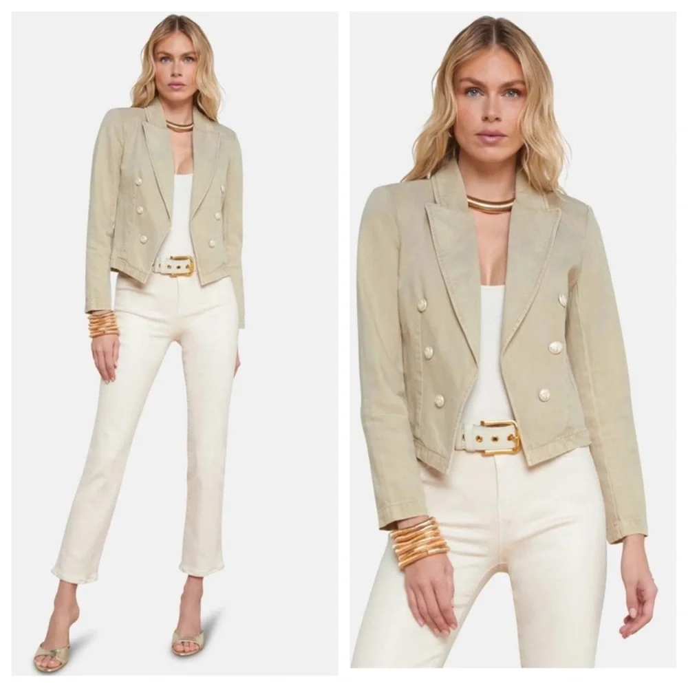 L’Agence Wayne Crop Double Breasted Denim Jacket Sand Dune Tan XXL